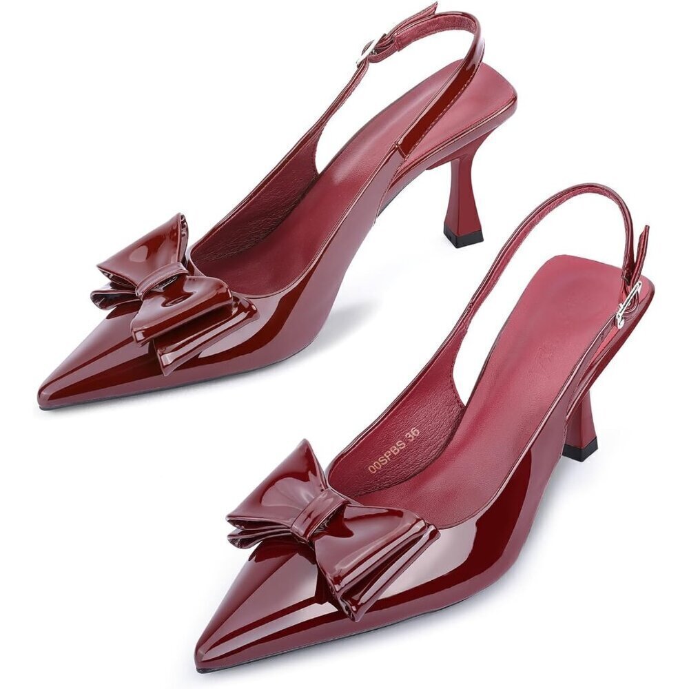 🆕Wine Faux Leather Pointed Toe Sling back Kitten Heel with Bow Knot Adjustable
